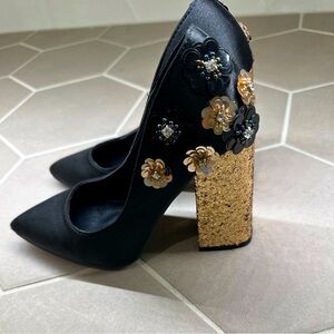 Daisy street embellished black heels with gold glitter heels.